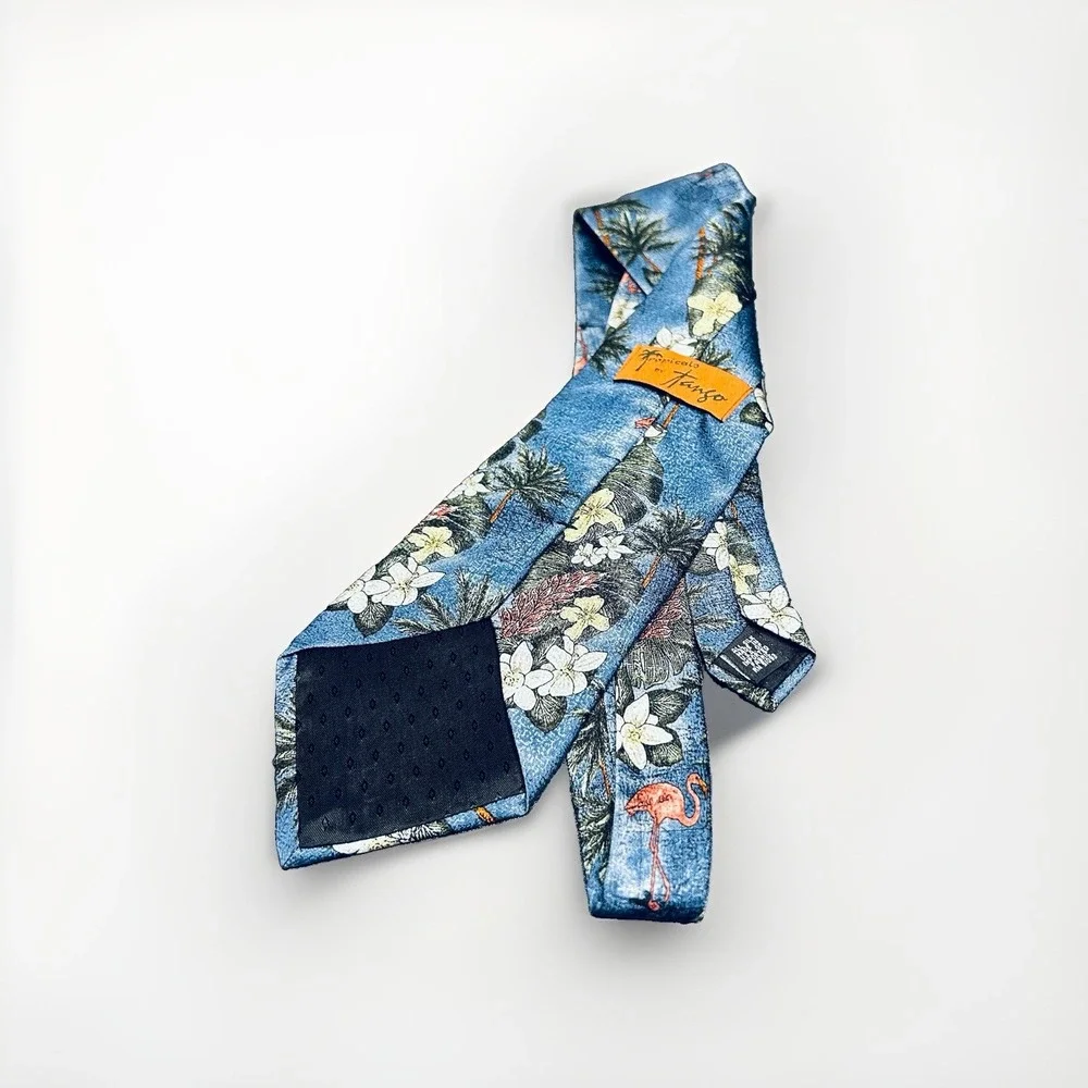 Tropicals by Tango Mens Silk Tie Blue Flamingo Palm Tree Floral USA 58x4 Vintage